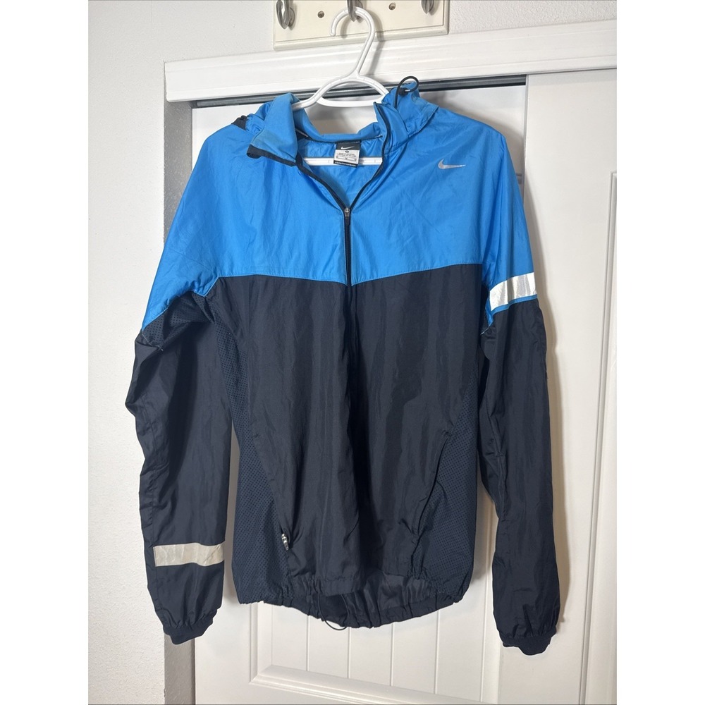 Nike Men's Blue Running Hooded Full-Zip Windbreaker Jacket Pockets READ DESCRIP